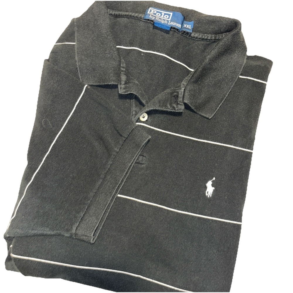 Polo Ralph Lauren Mens XXL Black White Striped Pique Short Sleeve Polo Shirt‎